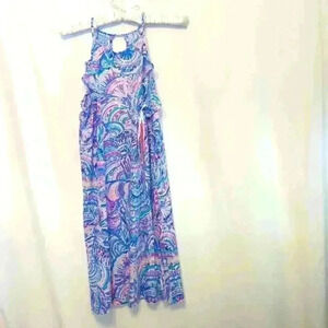 Lilly Pulitzer NWT halter dress with ruffles at arm openings. Vibrant colors. S